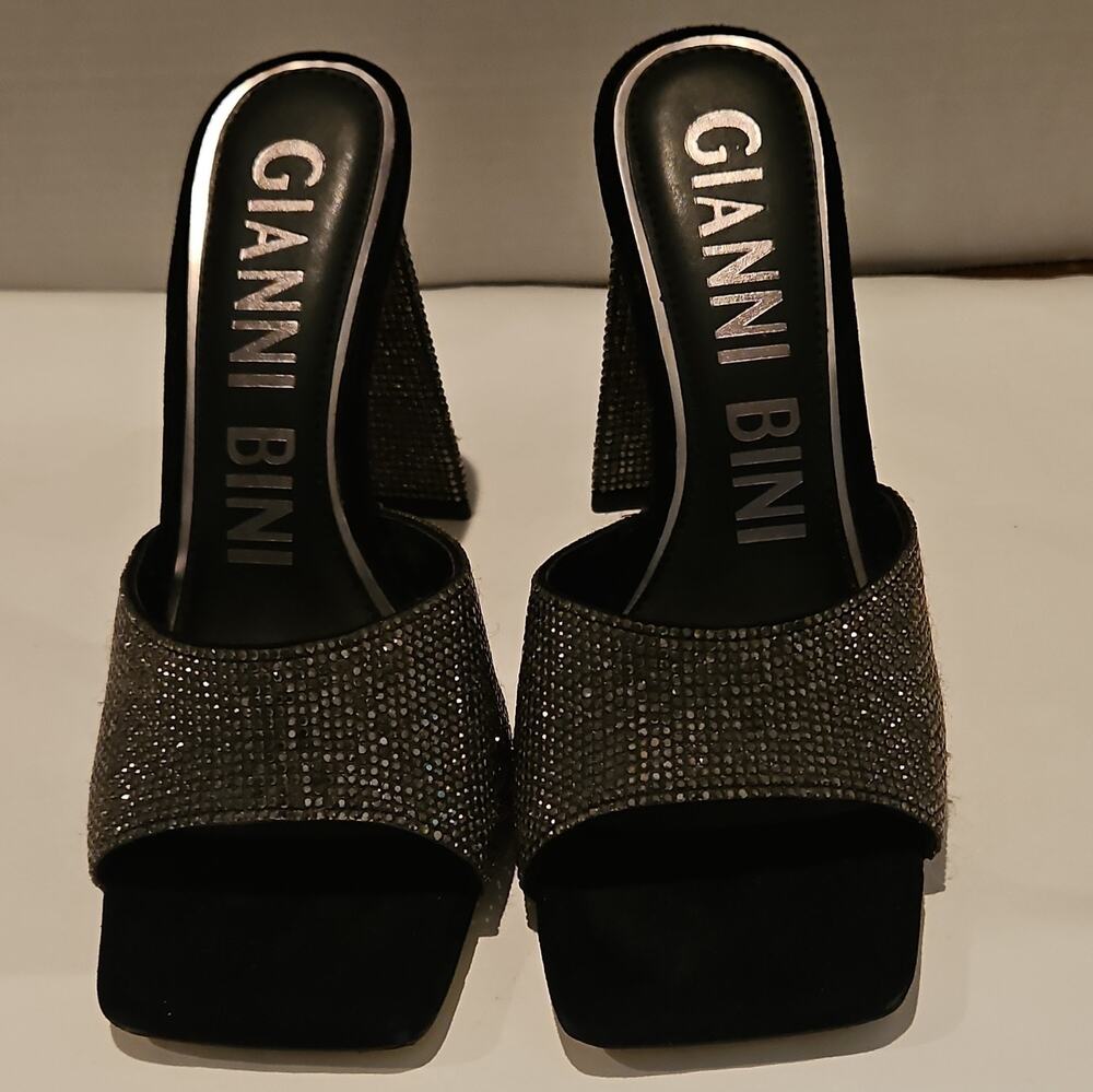 Gianni Bini Black/Silver Rhinestone Open Toe Block Heel Mule Slip-On US 8